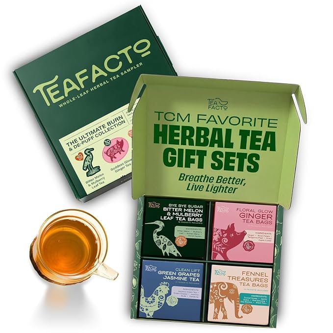 Tea Facto Herbal Tea Sampler Set Depuff Collection with Bitter Melon, Mulberry Leaf, Ginger, Pear & Green Grapes Jasmine - Fancy Tea Sampler Gift Set Box - Natural Fiber, Zero Added Sugar - 40 Count