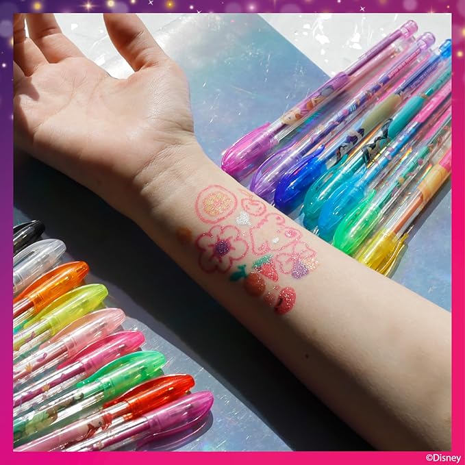 Townley Girl Disney Princess 16 Piece Glitter Pen Body Art Set, Glittery and Bright Colors, Ages 3