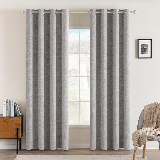 MIULEE Linen Texture Curtains for Bedroom Solid 100% Blackout Thermal Insulated Light Gray Curtains Grommet Room Darkening Drapes for Living Room 52x108 Inch (2 Panels)