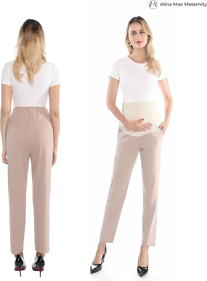 Maternity Pants Work Over The Belly with Pockets, Womens Pregnancy Dress Pants Office Clothes Trousers Stretch Summer