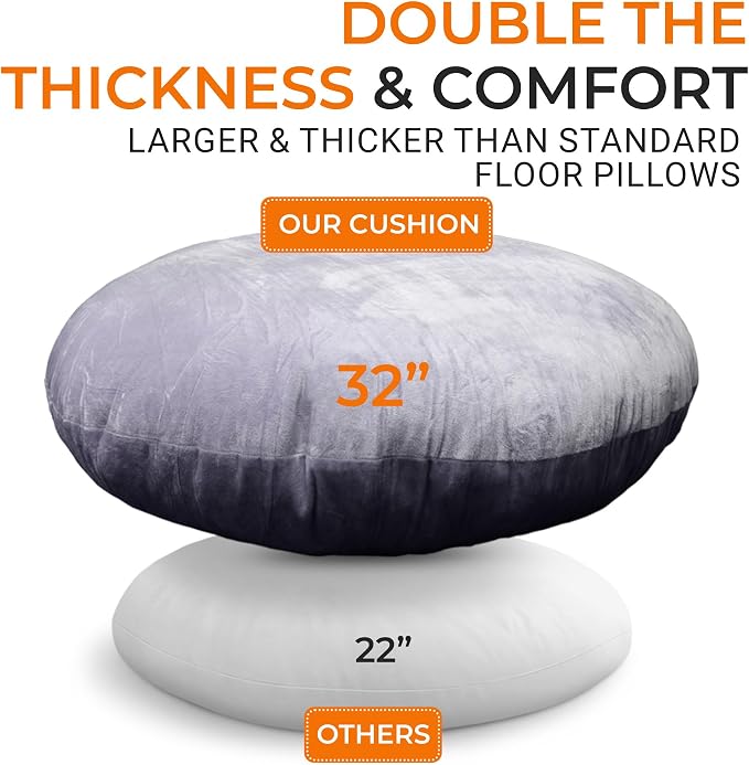 Cheer Collection Extra Large Floor Pillow, 32" Round Meditation Cushion, Oversized Yoga Pillow & Floor Cushions for Adults, Floor Pillows for Sitting, Meditation, and Seat Cushion -Grey