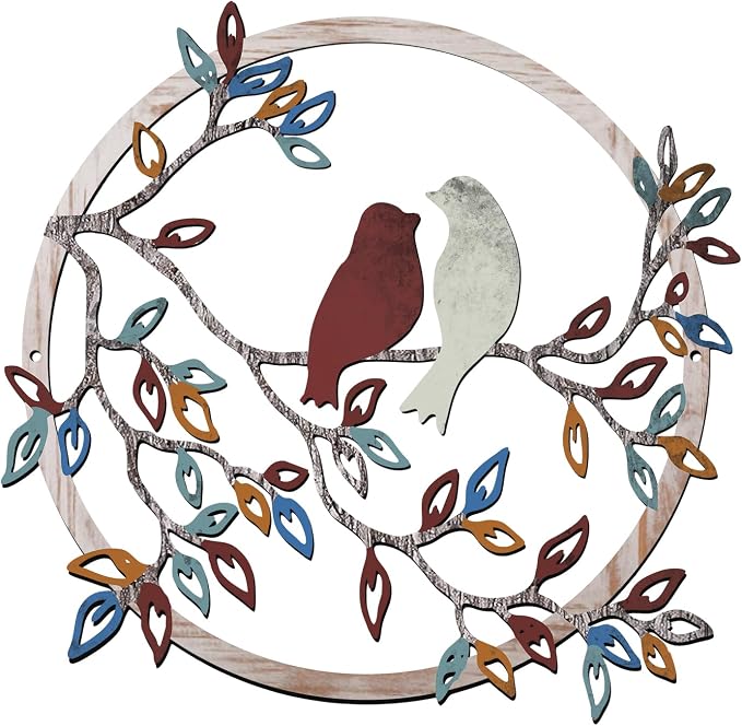 Ferraycle Metal Wall Art Bird on Tree Branch Silhouette Bird Hanging Ornament Porch Wall Decor for Living Room Outdoor Garden Bedroom Office Housewarming Party Decoration(Vintage Color)