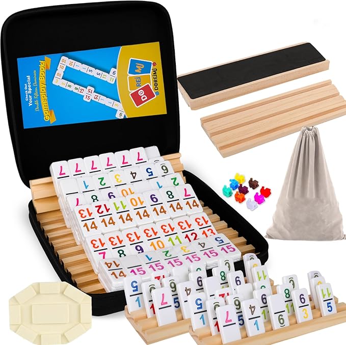 Double 15 Mexican Train Dominoes Set with 8 Wooden Holders, 136 Number Tiles Portable Travel Board Game for Kids and Adults Family Game Night