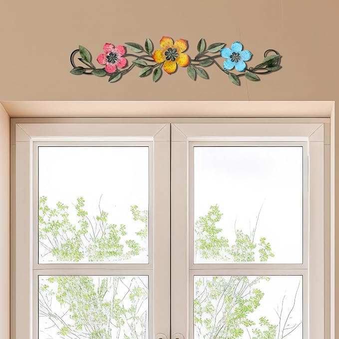 Wesiti Metal Flower Wall Decor Vintage Metal Flower Wrought Iron Scroll Sculpture 15.7''x3.7'' Not 3D, Flat Farmhouse Leaf Wall Decor with Nails for Summer Bedroom Kitchen Indoor Outdoor(Bright Color)