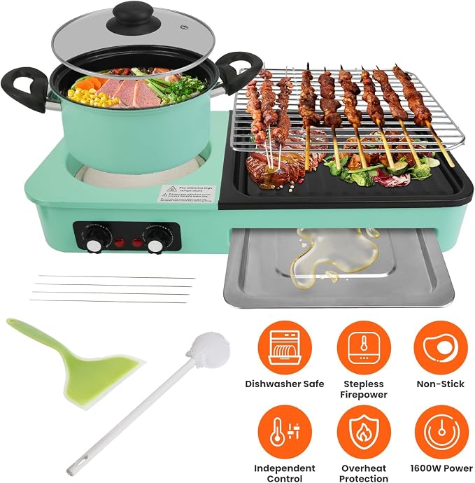 3 in 1 Electric Hot Pot with Grill Smokeless Non-Stick Pot and Griddle | Korean BBQ Grill Shabu Shabu Pot Divider Independent Dual Temperature Control for 3-5 People（1600W）