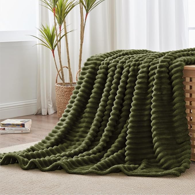 BEDELITE Striped Fleece Throw Blanket, Olive Green, 50"x60" | 300GSM Microfiber Fleece, Soft Cozy, Lightweight Warm, Double-Sided Plush, Machine Washable, Gift, Room Decor, for Couch Sofa