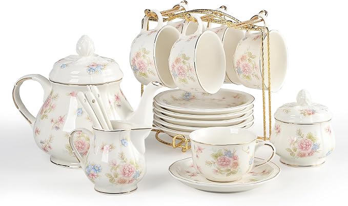 Sweejar 23 Pcs Floral Tea Sets with Metal Holder, Relief Gold Rim Porcelain Tea Sets for Adults, Cup and Saucer Set for 6, with Teapot, Sugar Bowl, Milk Jug, Spoons (Small Flower)