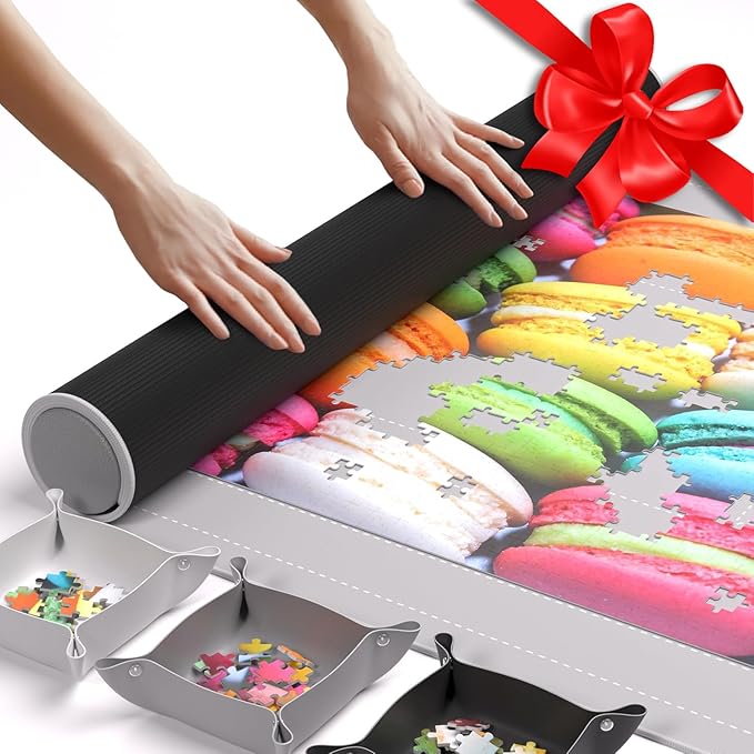 The Original Newverest Jigsaw Puzzle Mat Roll Up, Silver, 46” x 26” Portable Keeper Up to 1500 Pieces with Non-Slip Rubber Bottom & Smooth Top + 3 Puzzle Sorting Trays & Travel-Friendly Storage Bag
