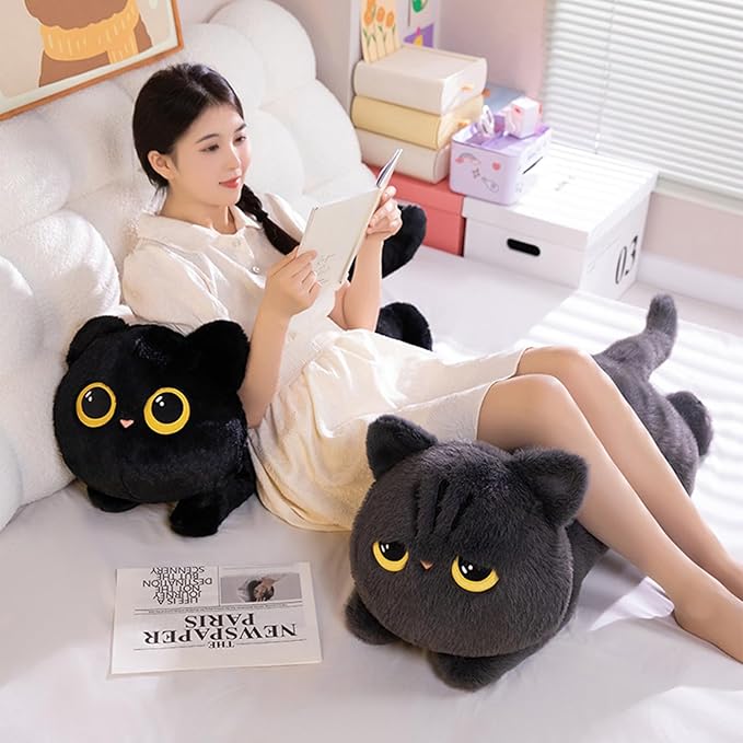 PEACH CAT 19.7" Long Cat Plush Pillow Cute Kitten Stuffed Animals Plushies Toy Gifts for Kids Black
