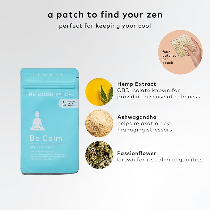 The Good Patch Be Calm Patch with Hemp, Supports Relaxation, Natural Patch with Hemp Extract, Ashwagandha Root, Passionflower, Plant Powered Wearable Wellness, Sustained Release (8 Total Patches)
