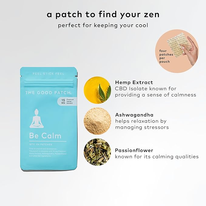 The Good Patch Be Calm Patch with Hemp, Unwind + Decompress, Natural Patch with Hemp Extract, Ashwagandha Root, Passionflower, Plant Powered Wearable Wellness, Sustained Release (16 Total Patches)