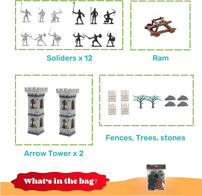 Medieval Castle Knights Toy Soldier - Army Figures Miniature Playset with Arrow Tower, Soldiers, Ram, Fence (Arrow Tower Set)