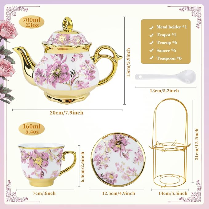 20 Pcs Porcelain Tea Set with Metal Holder, 700ml/23oz European Ceramic Tea Set for Adults, Adult Tea Set Gift, Flower Tea Cup Saucer Set for Party With Gold Flower Painting (Elegant Purple/700ml)