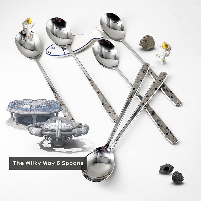 [6 P][Made in Korea] Korean Style Soup Spoon 8.5 inch Premium 430(18/0) Stainless Steel Dessert Spoons Dinner Spoon, Table Spoon, Rice Spoon Ice Cream Scoop (The Milky Way)