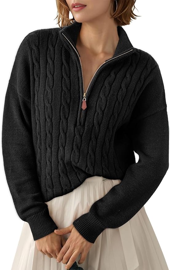 Dokotoo Women's Sweaters 2026 Fall Winter Quarter Zip Ribbed Cable Knit | Long Sleeve,Polo Neck,Lightweight Knit Pullover,Soft Comfy Tops,Casual Trendy Outfits,Fashion Clothing