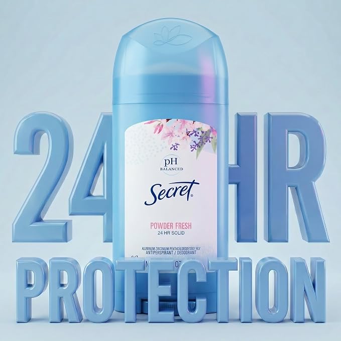 Secret Antiperspirant and Deodorant for Women, 24hr Sweat and Odor Protection, PH Balanced, Gentle on Skin, Wide Solid Deodorant Stick, Powder Fresh Scent, 2.7 oz