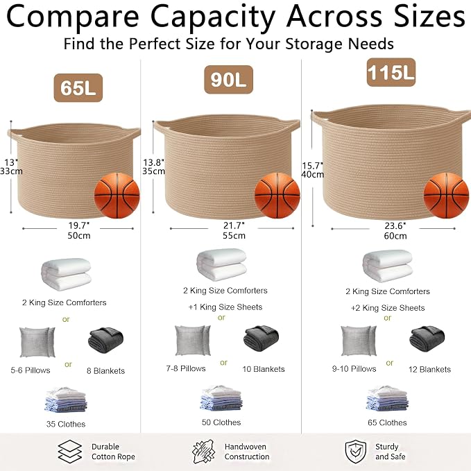 65L Large Blanket Basket,Woven Rope Laundry Basket-Camel | Collapsible, reinforced handles, nursery storage bin organizes clothes, toys and pillows for living room, bedroom bathroom