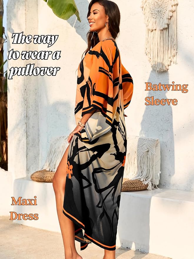 ChiaoLezhee Print Moo-Moos for Women, Kaftan Cover-Up Dresses, Sexy V-Neck High-Slit, Beach Pool-Party Coverups Muumuu Plus
