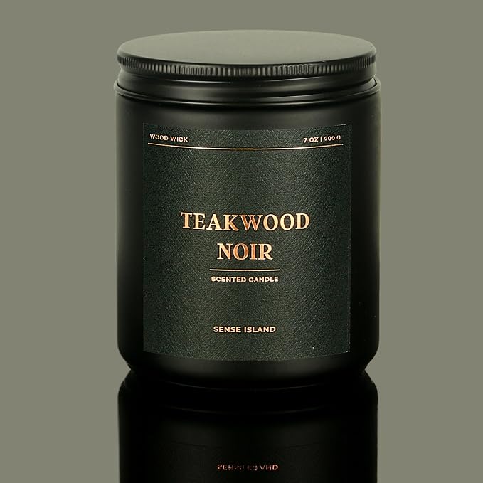 Teakwood Noir Crackling Wood Wick Candle, Mahogany Intense Masculine Scent, Luxury Black Jar Soy Candle with Crackle Wooden Wick