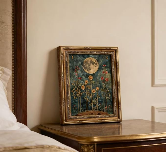 Vintage Gold Framed Celestial Moon Wall Art,Tarot Crescent Moon Painting Canvas Print,Gothic Moody Wildflowers Wall Decor,Dark Academia Vibe Poster Artwork,for Living Room Bedroom Bathroom