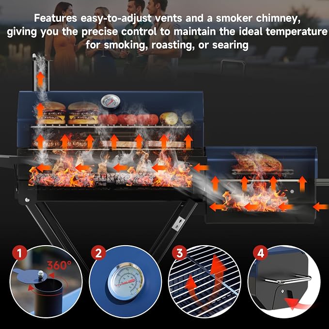 Portable Charcoal Grill with Smoking Function, Foldable Suitcase Design with Wheels, Multi-Tier Storage Rack & Waterproof Cover for Outdoor BBQ Parties (Blue)