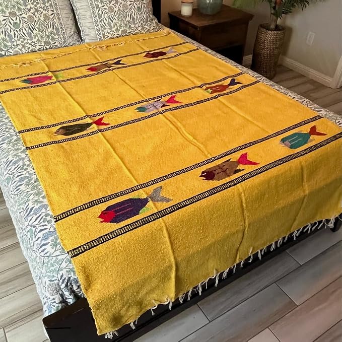 Open Road Goods Thick Mexican Yoga Blanket - Serape Fish Design - Handmade (Yellow)