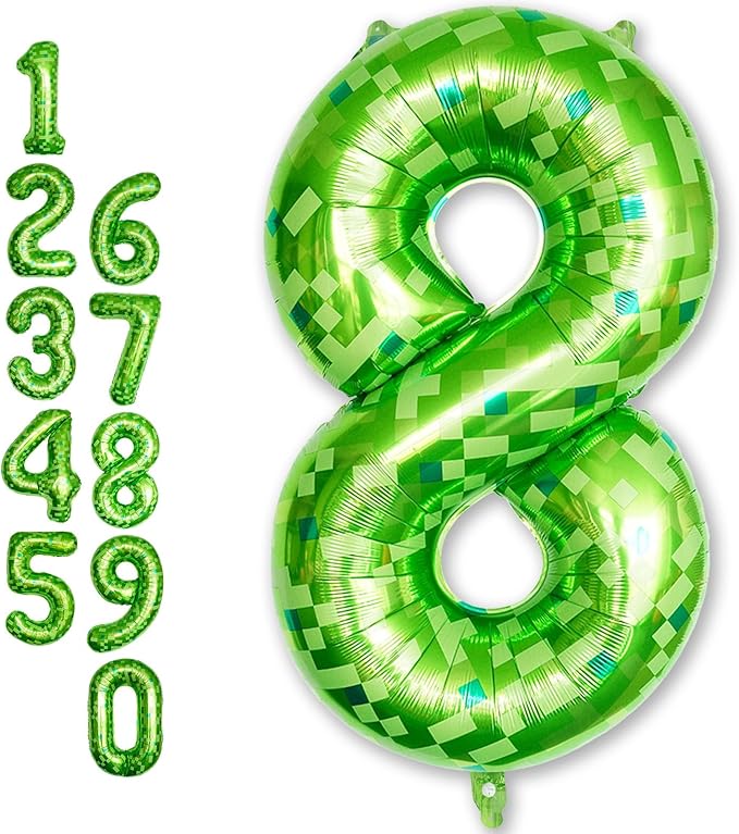 Number 8 Balloons 40 Inch, Gaint Cartoon Lime Green Pixel 8 Balloon Number for Boys 8th Birthday Decorations, Dark Kelly Green Foil 8 Balloon for Kids 8 Year Old Birthday Video Game Golf Party Decor