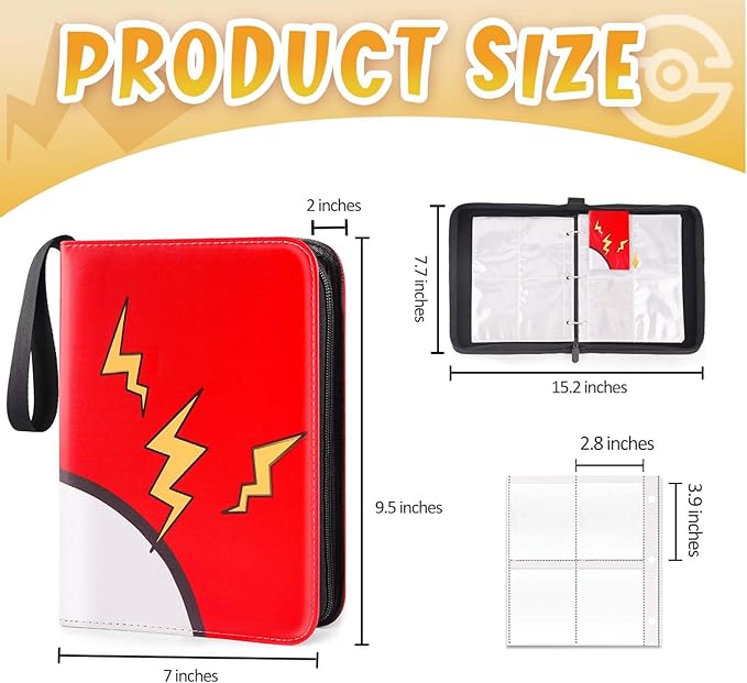 GOROMA Card Binder 4-Pockets, 400 Pockets Card Holder with 50 Removable Sleeves, Trading Card Collector Zipper Album Holder, Red