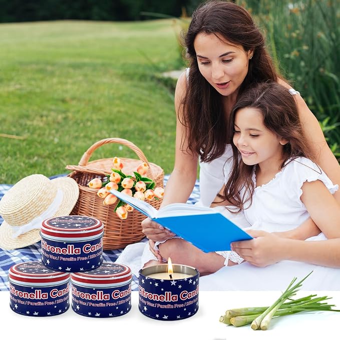 American Flag tin Candle Set of 4 (4oz Each) – Long-Lasting Outdoor Citronella Candles for July 4th Independence Day – Fresh Invigorating Fragrance to Enhance Ambiance