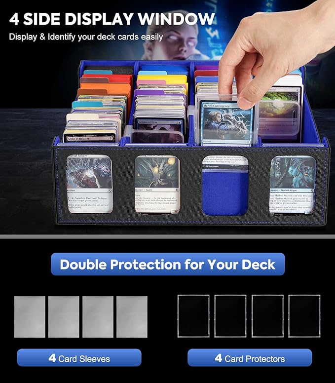 MoKo Card Storage Box for Trading Cards, 3000+ MTG Deck Box with 24 Colorful Dividers & 4 Card Supporters, Commander Card Deck Case with Display Window, Fits for Magic Game Cards, YugiOh, Black Blue