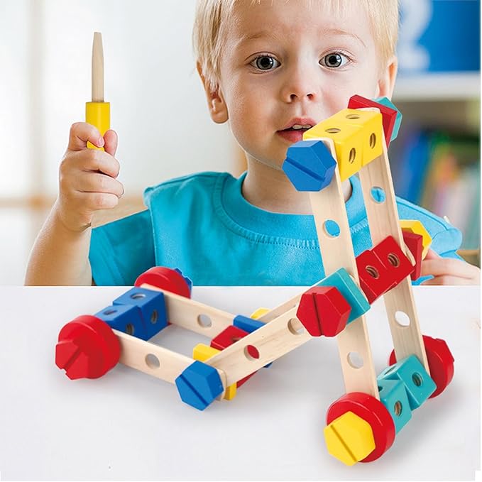 LOVELAND Wooden Nut & Bolt Building Toy for Kids Montessori STEM Construction Set with Tools, Educational Building Blocks for Toddlers Ages 3+ (Boys & Girls)