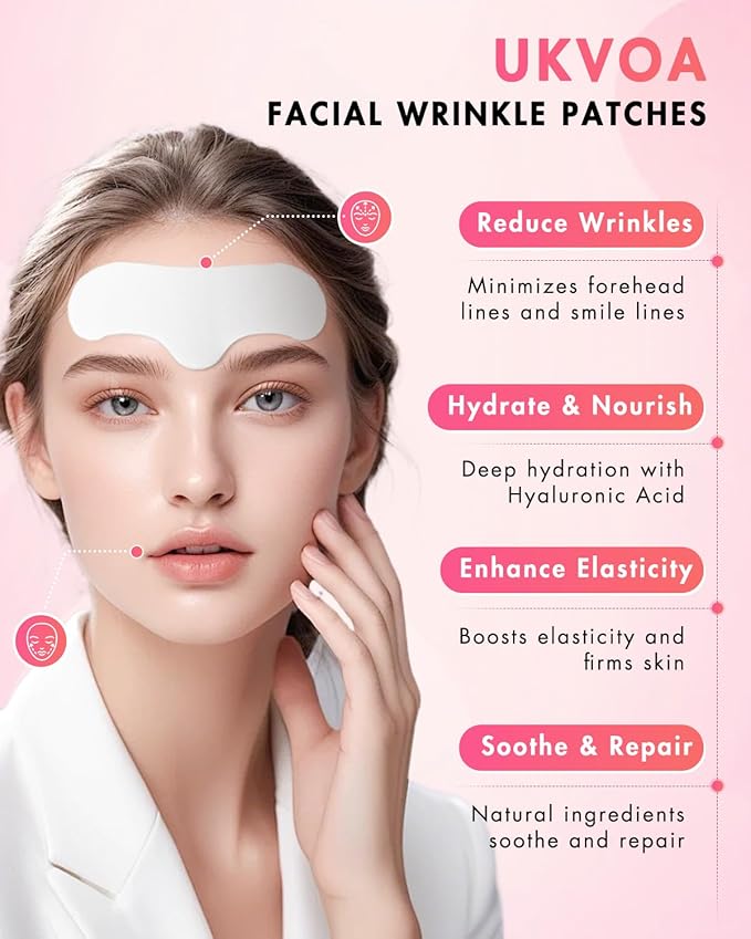 UKVOA Forehead Wrinkle Patches & Smile Line Patches, Overnight Facial Wrinkle Treatment with Hyaluronic Acid, Aloe, Collagen & Vitamin E to Lift Smile Lines for Women 36pcs with Neck Firming Cream