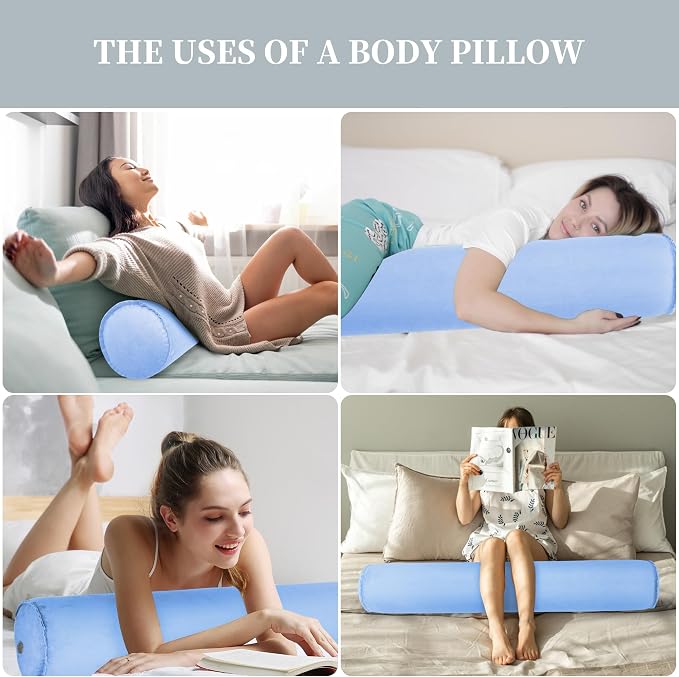 ONTYZZ Inflatable Long Body Pillow, Long Pillow for Bed, Oval Bolster Pillow for Good Sleeping and Back/Neck Support, 1pcs Blue
