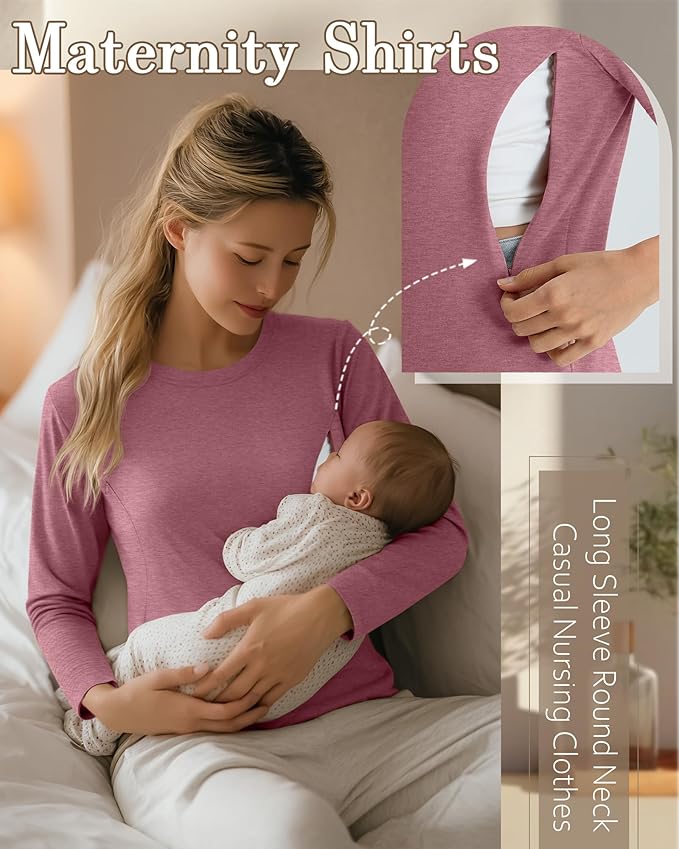 3 Pack Nursing Tops for Breastfeeding Maternity Shirts Zipper Long Sleeve Round Neck Knit Casual Nursing Clothes