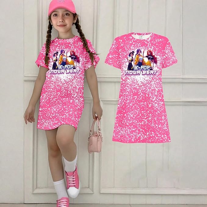 Girl's Anime K-POP Graphic Long Dress T-Shirt - Casual Loose Fit Short Sleeve Top