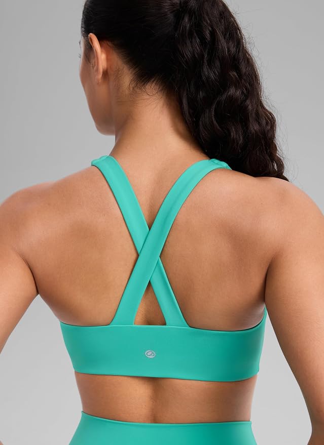 CRZ YOGA SculptAir Wide Straps Cross Back Sports Bras for Women - U Neck Medium Impact Wireless Padded Workout Top