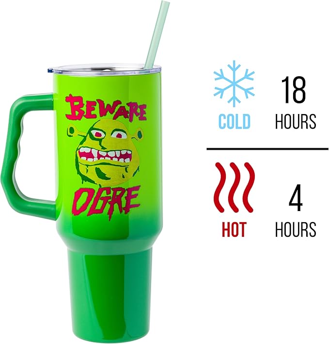 Silver Buffalo Shrek Beware Ogre Double Walled Stainless Steel Tumbler with Handle and Straw, Fits in Standard Cup Holder, 40 Ounces