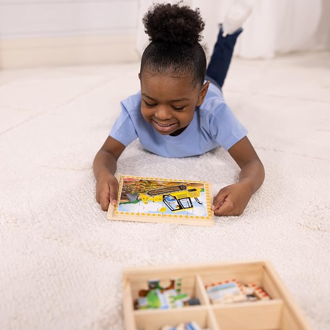 Melissa & Doug 4‑in‑1 Wooden Construction Vehicles Jigsaw Puzzle Set, 48 Pieces with Storage Box, Toddler Puzzle Toy for Kids Ages 3+ - FSC Certified