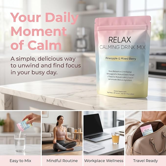 Relax Calming Drink Mix with L-Theanine, Ashwagandha & Kava, Sugar-Free Powder Packets for Evening Unwind & Daily Relaxation Routine, Non-GMO, Gluten-Free, Pineapple & Mixed Berry, 30 Packets (1)