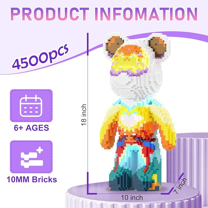 Bear Building Blocks with Organizer Bins (4500PCS), Fluorescent Bricks & Stroage Drawer, Gift for Adults & Kids, Ideal for Home & Office Decor, QR Code User Manual, 8885