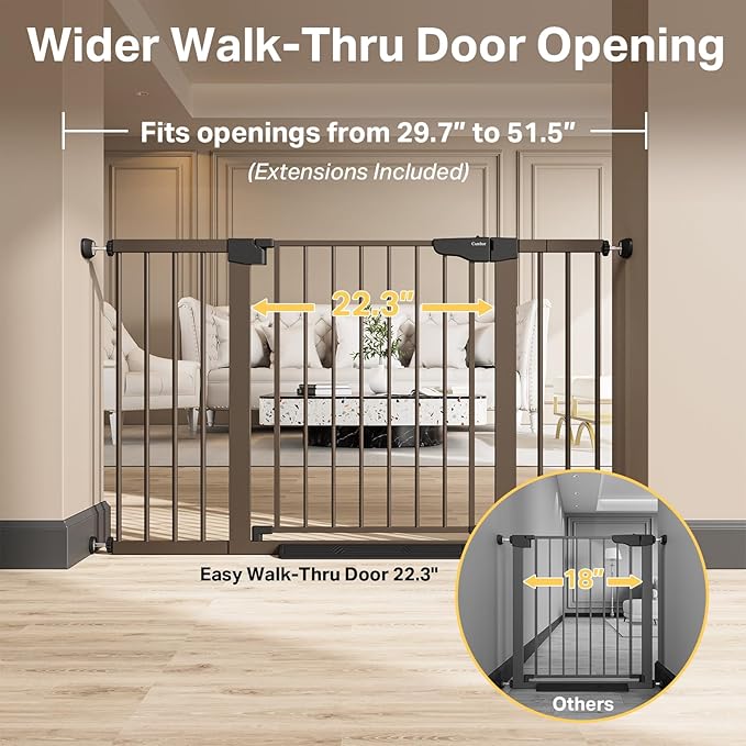 Cumbor 29.7–51.5" Extra Wide Baby Gate for Stairs, Pressure-Mounted Dog Gates for Doorways & Hallways, Auto-Close Walk-Through, No-Trip Design, Child Proof Safety, Dog/Pet Gate for Indoor Use, Brown