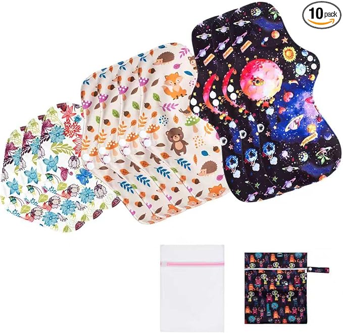 LUCKYPADS Reusable Menstrual Pads, 10 Pcs Washable Cloth Sanitary Pads & Panty Liners for Women with Wet Bag & Laundry Bag, Super Absorbent, 3 Sizes (7.9”/10”/13.7”) for Light to Overnight Flow