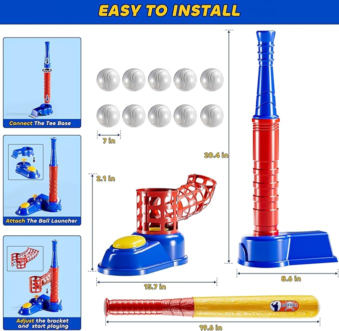 T Ball Sets for Kids 3-5, Baseball T-Ball Set with 10 Balls, Outdoor Sport Toy Games for 3-12 Year Old Boys Girls Toddlers, Training Batting Tee for Backyard and Lawn Play