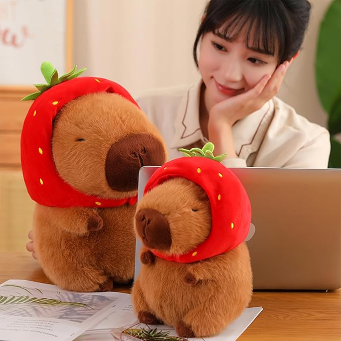 Cute Capybara Stuffed Animal with Wearable Toast Headset, Gifts for Kids (9 Inches, Strawberry Capybara)