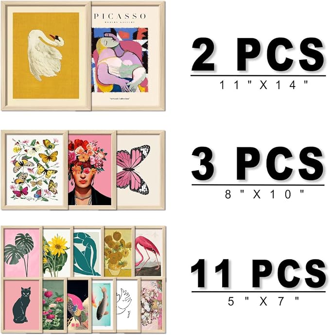 16 PCS Framed Eclectic Wall Art Decor, Modern Maximalist Home Gallery Wall Frame Set Prints for Bedroom Bathroom, Posters for Living Room Aesthetic, Colorful Dorm Artwork Collage Kit Pictures