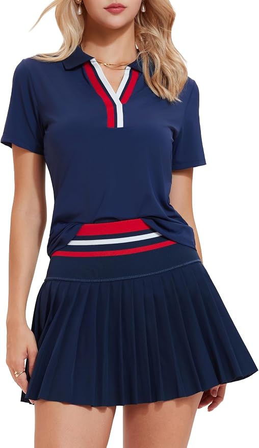Tennis Skirt Set for Women Color Block V Neck Golf Pickleball Outfits Pleated Athletic Two Piece Skirts Sets