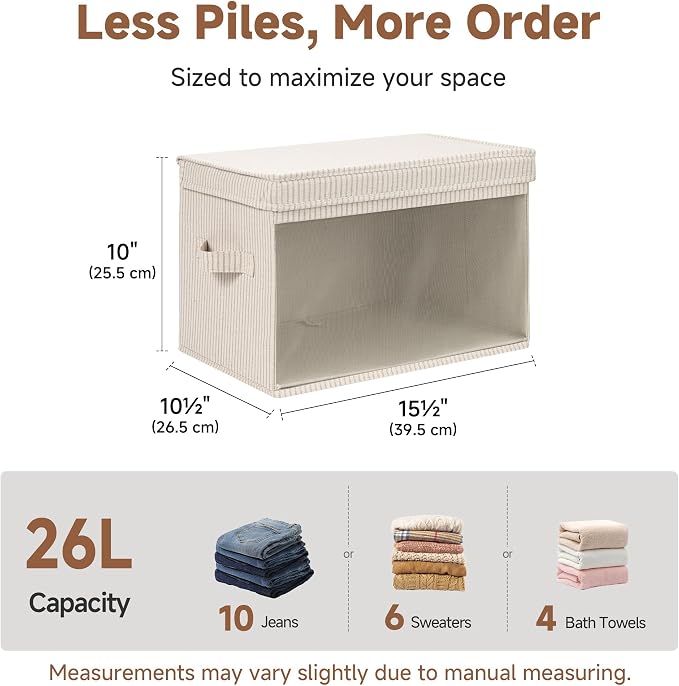 StorageWorks Fabric Storage Bins with Lids, Large Closet Storage Bins | Flip-Top Lid, Clear Window, Handles, Collapsible, for Clothes Blankets Books, Closet Box, Khaki and Beige Stripes, 2-Pack