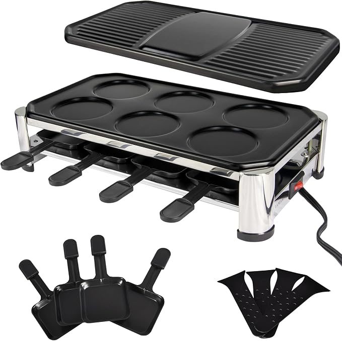 TAMARIT 8-Person Raclette Grill, Electric Table Grill for family gathering | Nonstick Grill plate and extra plate for crepe or pan cake,1500W