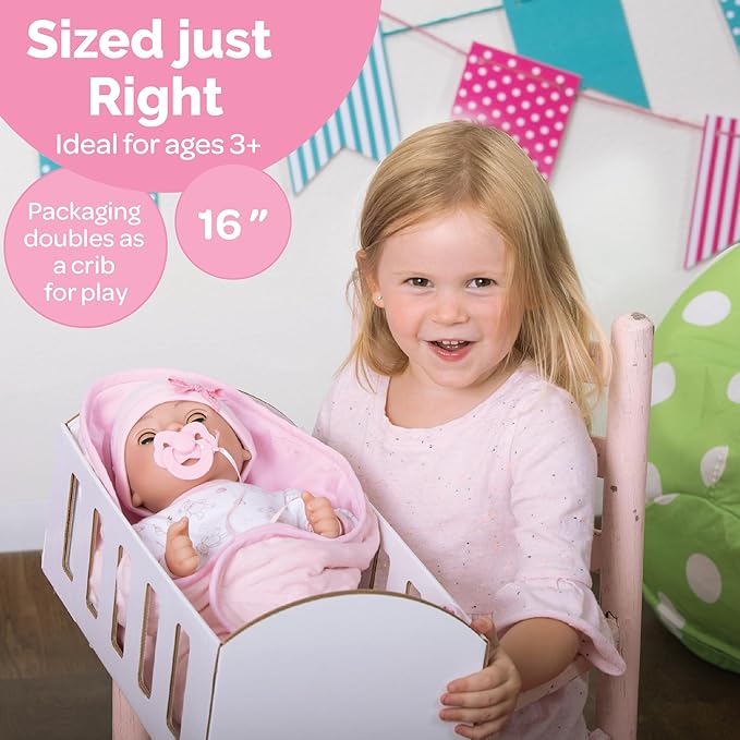 Adora 16 Inch Girl Baby Doll with Accessories Pink Matching 9-Piece Set Including a Pacifier, Hospital, Bracelet, Diaper, and More Gift for Toddlers Ages 3+ Adoption Babies Collection - Hope