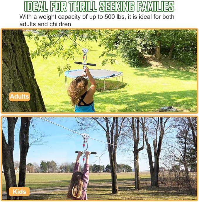 Zip Lines for Kids and Adults Outdoor Up to 500 Lbs, 304 Stainless Steel 180FT Zipline Kits for Backyard with Thickened 1/4" Wire Rope, Removable Pulley, Outdoor Playground Equipment